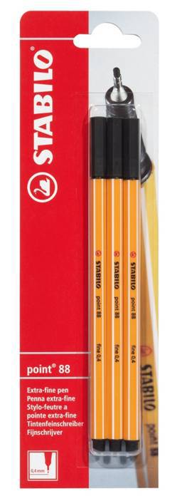 STABILO BLISTER X3 STYLOS-FEUTRES POINTE FINE STABILO POINT 88 BLISTER NOIR