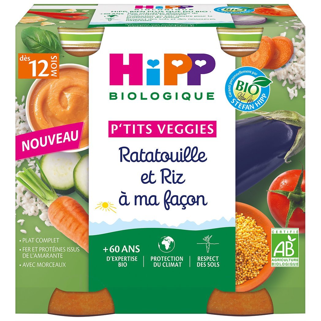 HIPP BIOLOGIQUE RATATOUILLE ET RIZ À MA FAÇON POTS 2 X 250 G DÈS 1