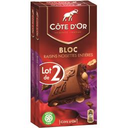 COTE D''OR CHOCOLAT LAIT RAISIN NOISETTE COTE D'OR BLOC 2X180G