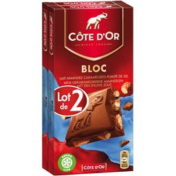 COTE D''OR CHOCOLAT LAIT AMANDES CARAMELISEES COTE D'OR  BLOC 2X180G